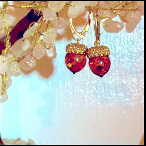 Amber Natural Gemstone 18k Gold Drop Dangle Earrings - Picture 1 of 4